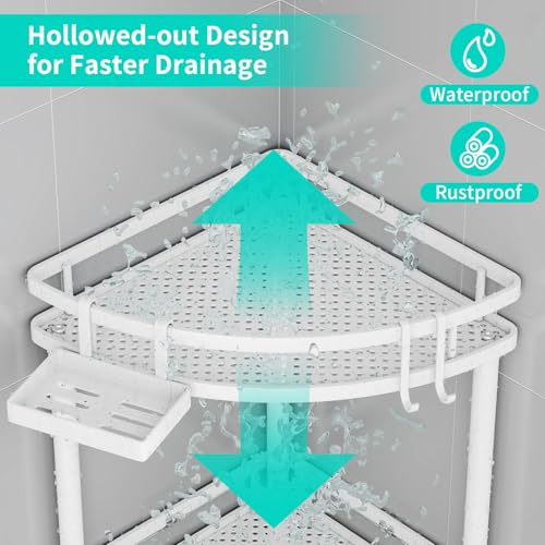 Image of HapiRm Standing Corner Shower Caddy - 4 Tier Shower Organizer Corner with Soap Holder and 4 Hooks, Rustproof Bathroom Storage Shelves with Adhesives, White
