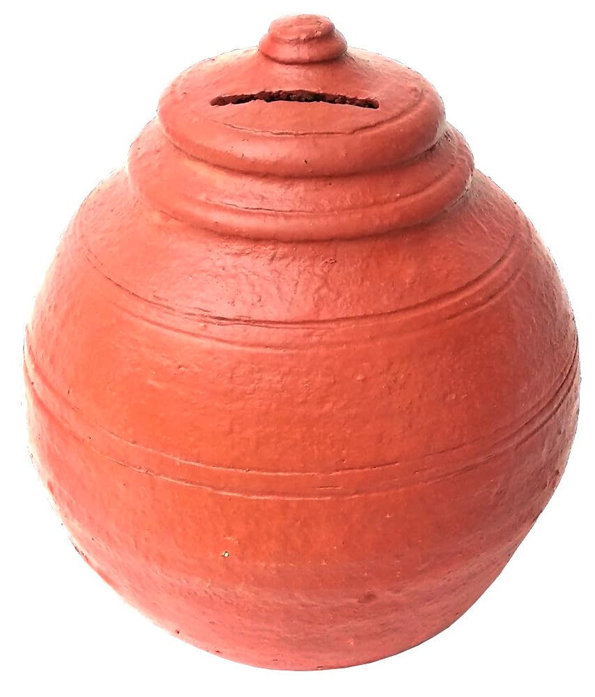 VILLAGE KRAFT Terracotta/Earthen/Mitti Eco-Friendly Designer Money Bank Organiser/Undiyal/Gullak/Coin Bank/Rural Artists Work Coin Holder/Nursery Décor/Keepsake/Savings/Mitti Gullak,Brick Red,Large 4