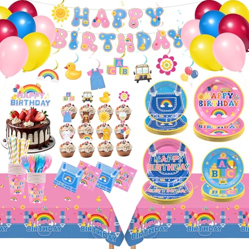 192 Pcs Cartoon Teacher Party Decorations Tableware Set English Teacher Birthday Party Supplies Includes Banner Tablecloths Cake Topper Balloons Plates and Napkins Service 24 Guests