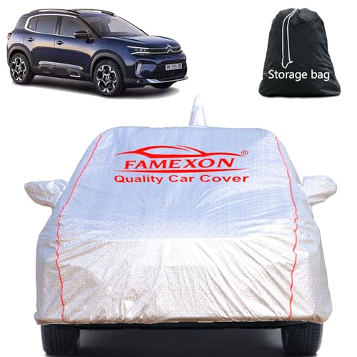 Image of Full Body Car Cover for Citroen C5 with Mirror and Antena Pocket Triple Stiched(Silver with Red Piping)