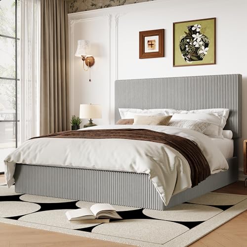 Image of Allewie Full Bed Frame, Adjustable Corduroy Headboard, Platform, Grey | Adjustable Headboard, Corduroy Fabric, Low Profile, Wooden Slats, 800 lb Capacity, No Box Spring Needed
