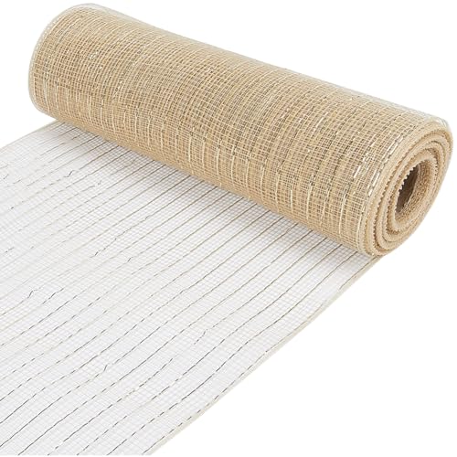 GORGECRAFT 10 Yards Natural Burlap Mesh Ribbon 26cm Wide Glitter Metallic Foil Christmas Tree Jute Burlap Fabric Spool Rolls for Fall Wreath Swags Supplies Wedding Decor Gift Wrapping