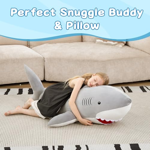 Image of MorisMos 51inch Giant Shark Stuffed Animal, Large Shark Plush Pillow, Giant Shark Plush Toy, Soft Ocean Animal Stuffed Animal Shark Pillow for Kids, Adults, Boys, Girls, Shark Lovers, Gray