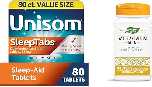 Unisom SleepTabs, ayuda nocturna para dormir, succinato de doxilamina, 80 tabletas y suplemento de vitamina B-6 Nature's Way, apoyo energético