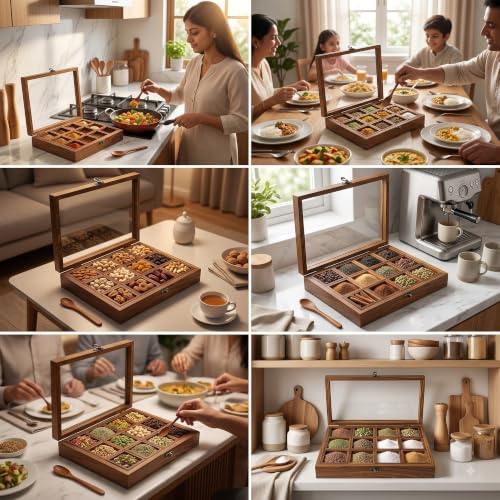 Image of Wooden Spice Box for Kitchen | Sheesham Wood Masala Dabba with 12 Containers | Spice Organizer with Glass Lid, Safety Lock & Wooden Spoon | Masala Dani /Namak Dani Storage Box for Home & Kitchen