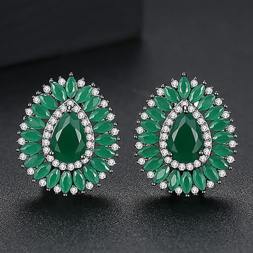 14K Gold Teardrop Shaped Emerald Studs For Women, Moissanite Halo Stud Earrings, Vintage Jewelry for Evening Party4