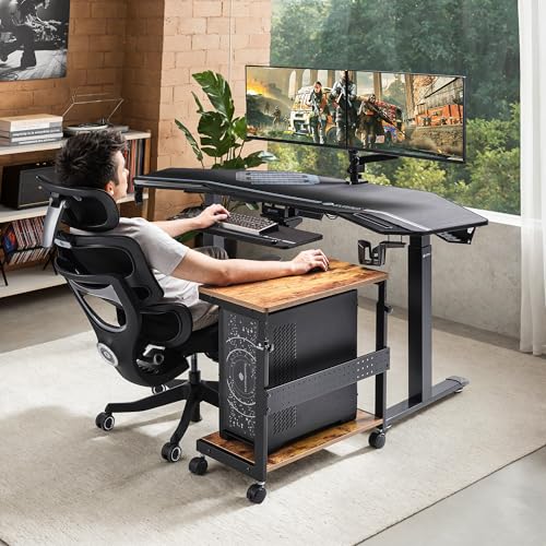 Image of EUREKA ERGONOMIC PC Stand Computer Cart, Height Adjustable Tower Stand 2-Tier Suit for ATX Case Printer, Metal Rolling Cart on Wheels for Gaming Home Office, Antique Wood