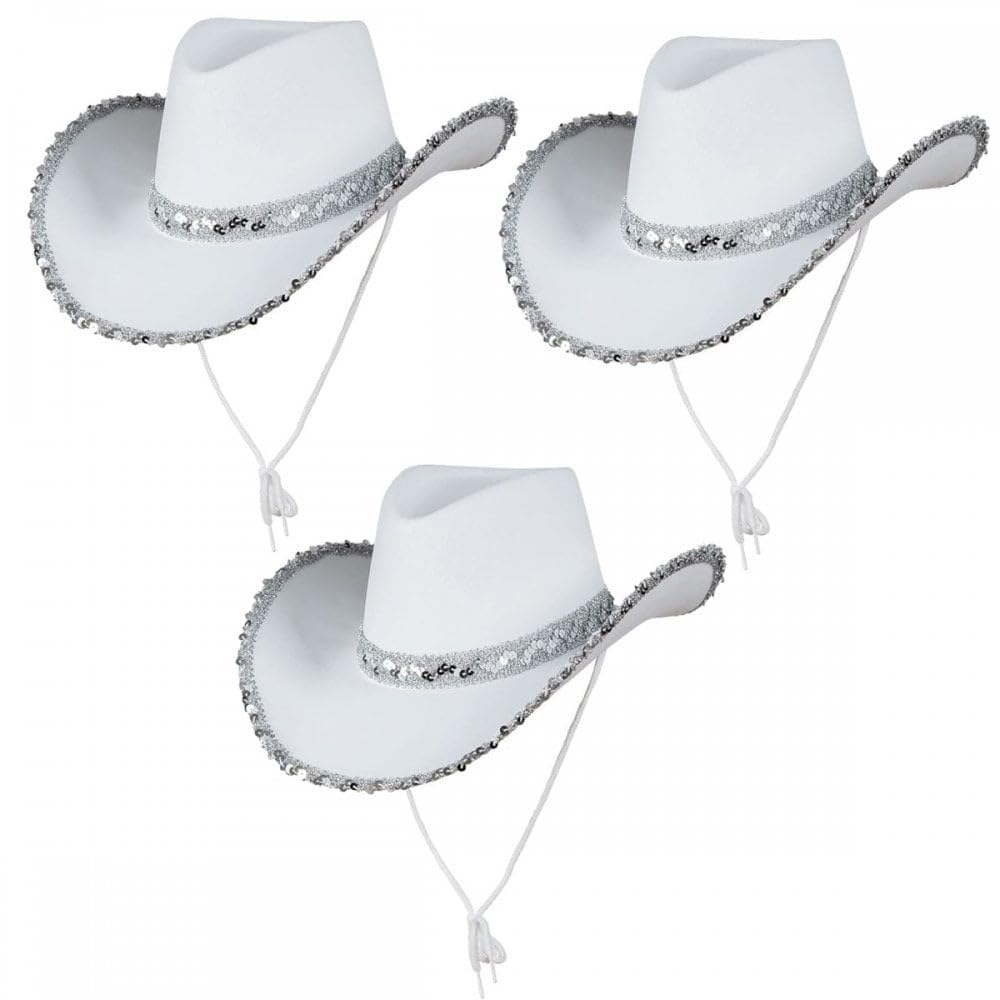 Titch & Timbo Texan Cowgirl Cowboy 3 Pack (Multiple Options) : Adult Womens Fancy Dress Party Accessory Country Western Rancher Rodeo Wild West Music Festival (Sequins, White (3))