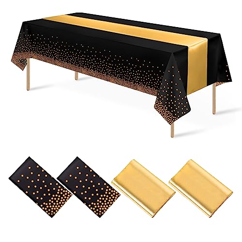 IOSPKKIO® Juego de 4 manteles desechables de plástico y satén, diseño de lunares, color negro y dorado, camino de mesa de satén dorado para graduación, boda