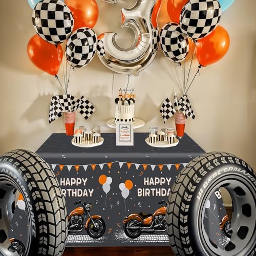 Image of MEHOFOND 3pcs Motorcycle Birthday Plastic Tablecloth, Black and Orange Motocross Racing Happy Birthday Disposable Table Cover, Extreme Sports Birthday Party Decorations, Rectangle 108 x 54 Inch