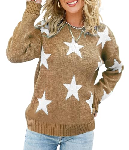 Image of ebossy Women's Sweet Cute Star Graphic Long Sleeve Artistic Aesthetic Cable Knit Sweater Pullovers