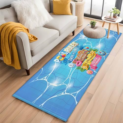 Swim Ring Ball Slippers Floral Blue Swimming Pool Runner Rug 2x6, Hallway Runner Rugs Washable Non-Slip Bedside Floor Mats Carpet for Kitchen Bedroom Laundry Room Bathroom