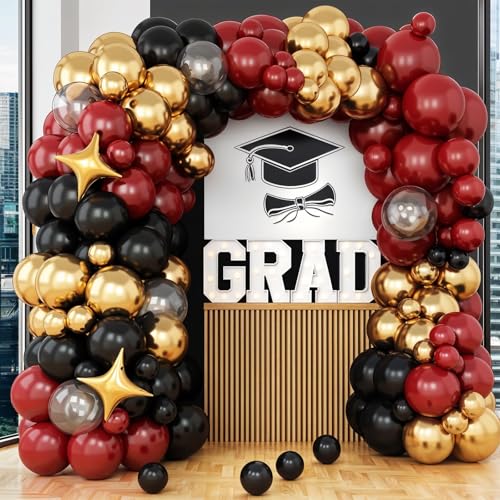 Image of Black Burgundy Gold Balloon Arch Kit, Maroon Red Balloon Garland with Stars