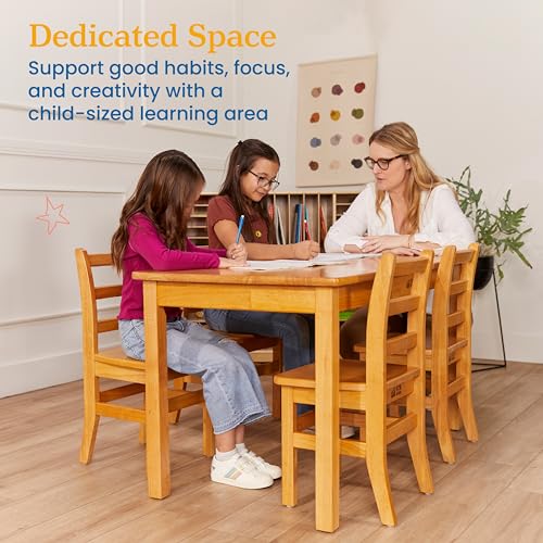 Image of ECR4Kids 24in x 48in Rectangular Hardwood Table with 24in Legs and Four 14in Chairs, Kids Furniture, Honey, 5-Piece