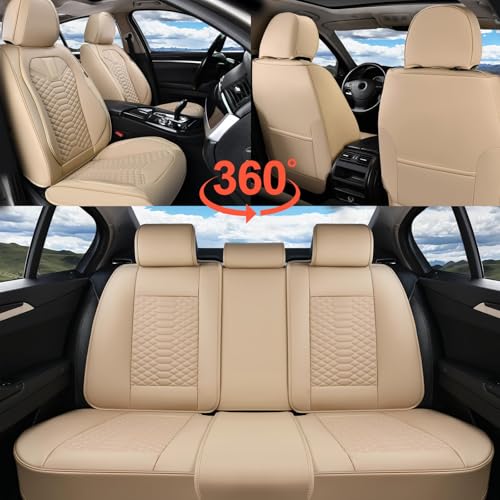 Image of Coverado Car Seat Covers Full Set, Waterproof Nappa Leather Seat Covers for Cars, Universal 5 Seats Car Seat Covers, Front and Back Car Seat Protector, Auto Seat Covers Fit for Most Cars, Beige