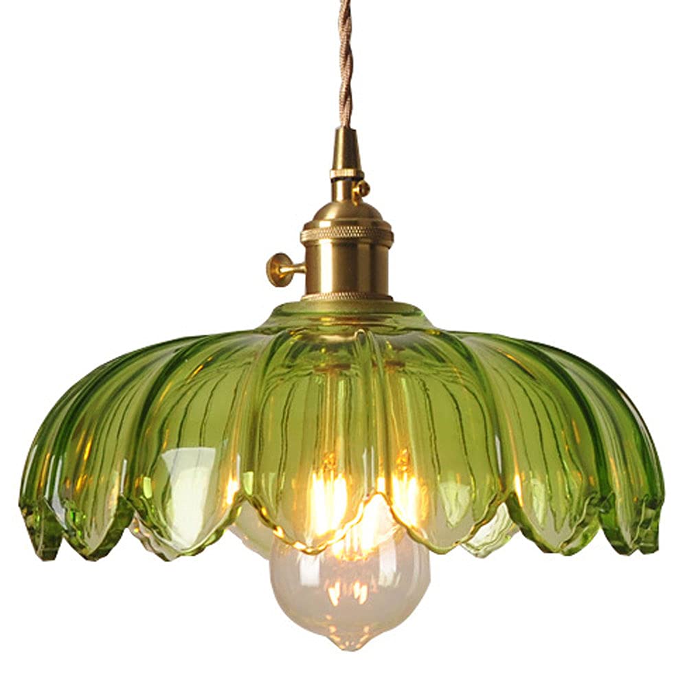JHBHQKX Led lights Lotus Pendant Light Pure Copper Green Glass Chandelier E27 Base 1-Light Adjustable Modern Ceiling Hanging Lamp Used In Restaurant, Cafe, Study Room, Balcony
