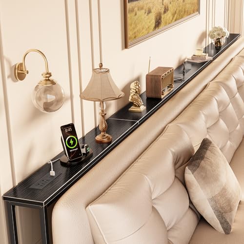 Image of Huuger 141.7 Inch Sofa Table with Power Outlets, Skinny Behind Couch Table | 5.9 Inch Narrow Entryway Table, Extra-Long Console Table, Behind the Couch Table with Outlet for Living Room, Black