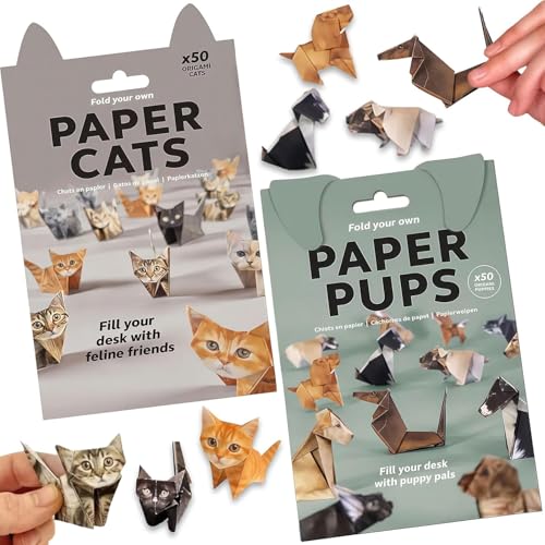 3D Origami Kit 100PCS DIY Origami Cats & Pups DIY Creative Origami Paper Kit Fold Your Own Paper Cats Pattern Cute Printing Desk Decoration & Gift for Pets Lovers(Cat+Dog)