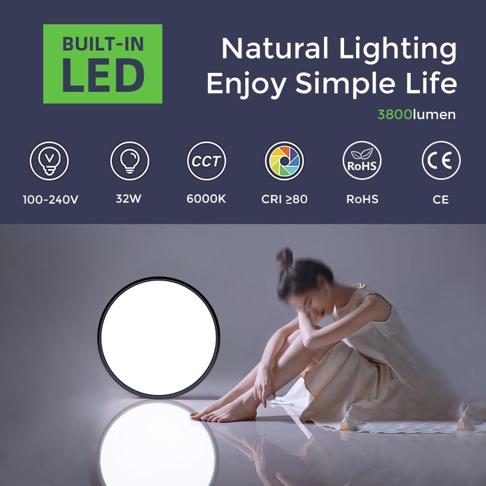 15.7in/40cm 32W LED Flush Mount Ceiling Light, 6000K Cool White Bathroom Light, 3800LM, Black Round Ceiling Lights - Image 3