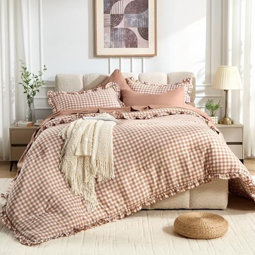BDEUS 7 Pieces Gingham Ruffle Comforter Set Queen Size Brown Grid Tartan Bedding Set Soft Breathable Fabric Comforter with Flat Sheet Fitted Sheet 2 Pillowcases & 2 Shams 88X88