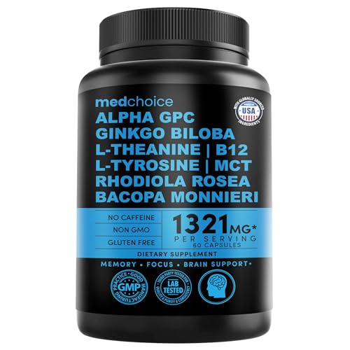 12-in-1 Nootropic Ginkgo Biloba for Brain Support, Memory and Focus - B12, Alpha GPC, L Theanine and Choline Supplements with Bioperine Non Caffeinated 1321mg (60ct)