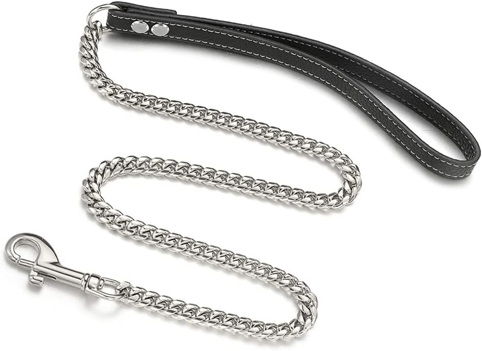 3FT/4FT/5FT Heavy Duty Silver Dog Chain Leash 10MM Stainless Steel Miami Cuban Link Chain with Durable Genuine Leather Handle for Training Walking(10mm,5ft)…