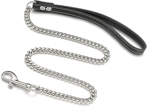 Miniatura 4 de RUMYPET Correa de cadena de perro plateada resistente de 3 pies, 4 pies, 5 pies, cadena de eslabones cubanos Miami de acero inoxidable de 0.394in,