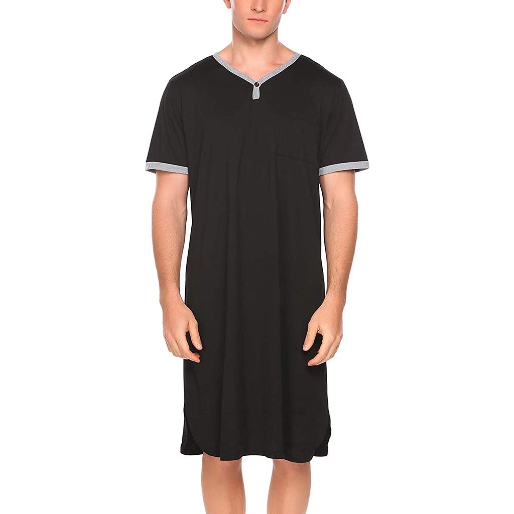 GaoYunQinMens Nightshirts V Neck Short Sleeve Big&Tall Short, Cotton Sleepshirt Nightgown Pajama Long Sleepwear (Color : Black, Size : X-Large)