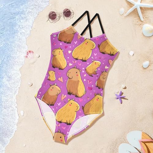 Capybara Pattern Girls One Piece Swimsuits Summer Quick Dry Beach Bathing Suit3