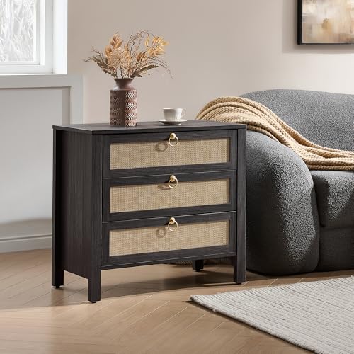 Image of SICOTAS Night Stand with Drawers, Large Rattan Bedside Table with Golden Handle, 3 Drawers Nightstand Tall End Table Side Table Boho Nightstand for Bedroom