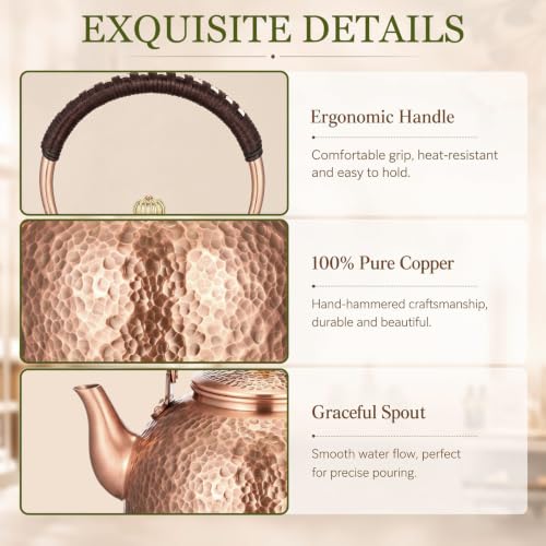 Image of Handmade Hammered Copper Tea Kettle for Stove Top, 2200 Ml / 2.3 Qt