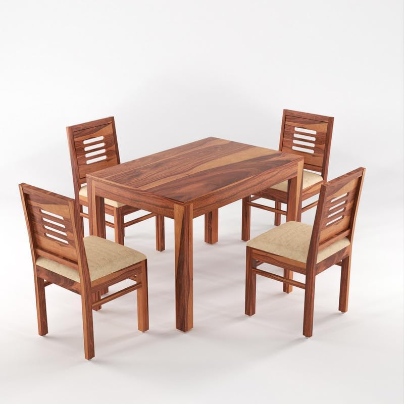 Image of Solid Sheesham Wood Dining Room Sets 4 Seater Dining Table with 3 Chairs & 1 Bench for Dining Room, Living Room, Kitchen, Hotel, Restaurant, Cafeteria (Standard, Honey Finish) (Honey Finish)