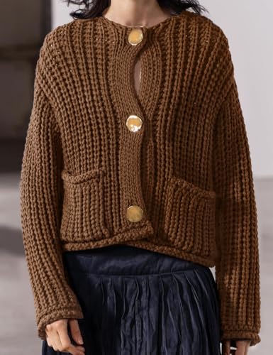 Yimoon Women's Cropped Cardigan Sweaters Button Down Chunky Knit Sweater Long Sleeve Fall Open Front Cardigan(Brown-L)2