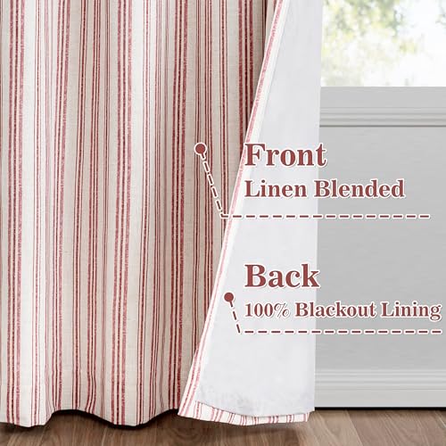 Image of MYSKY HOME Striped Curtains 100% Blackout for Girls Bedroom 84 Inches Long Red Stripe Patterned Linen Blend Double Layer Farmhouse Rustic Drapes, Grommet, 2 Panels, 52 inch Wide