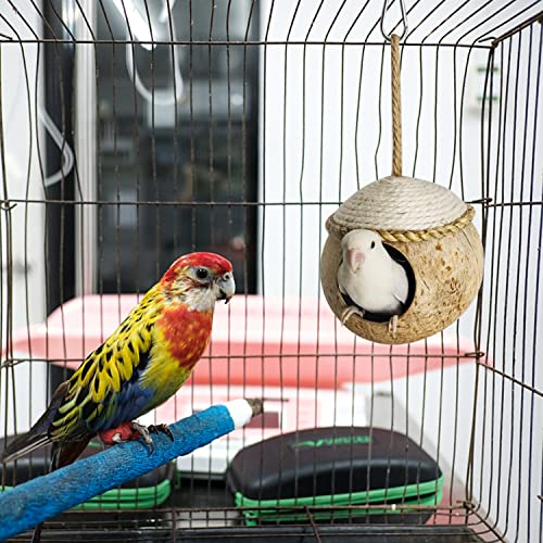 Barley Ears Natürliches Kokosnussschalen Vogelnest, Hängendes Vogelhaus，Nester Vögel,Höhlen Schlafplätze,Kokosnuss Hängematte für Sittich Lovebird Canary Papagei Hamster
