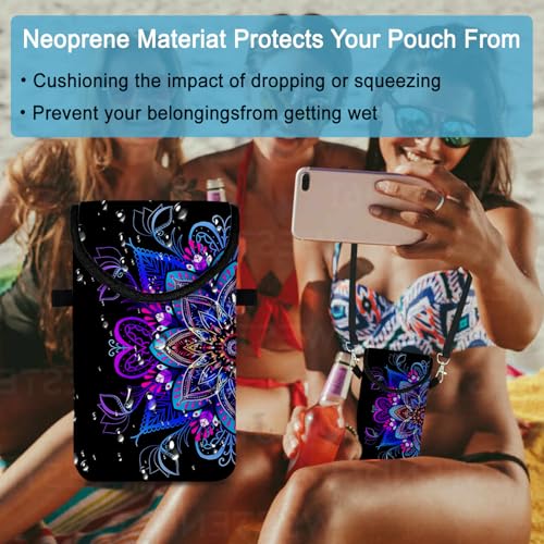 Image of Neoprene Cell Phone Sleeve Pouch Case Bag with Crossbody Strap Neck Lanyard for Women 7.5 X 4.3 in Blue Flower