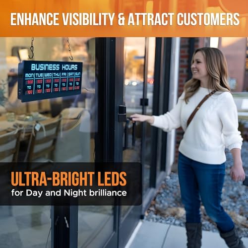 Image of Digital Business Hours Sign by ELEMENT LUX - Electronic Programmable Hours of Operation Signs for Business with Ultra Bright LEDs for Glass Door - Remote and Hanging Kit - 16in x 5.5in, Blue