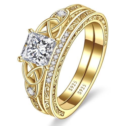 Image of Vintage Celtic Knot Women's Engagement Ring Sets 925 Sterling Silver /14K Gold Plated Stackable Wedding Bands Rings AAAAA Cubic Zirconia Women Bridal Sets Wedding Ring Band Width 1.8mm Size 5-9