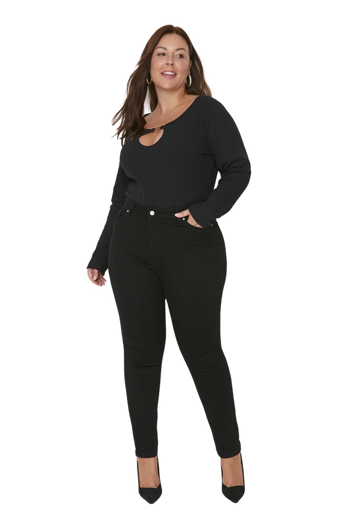 Trendyol Damen Schwarz Skinny Mit Normaler Taille, Übergröße Jeans, 40 Eu