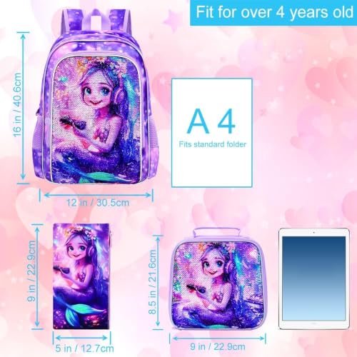 Image of CCJPX 3Pcs Mermaid Backpack for Girls, 16 inch Kids Sequin Bookbag with Lunch Box, Cute Water Resistant Schoolbag for Preschool Kindergarten Toddler(Purple)