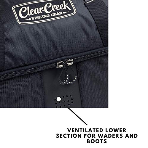 Clear Creek Half Hitch Fishing Waders Duffel Bag with Wet and Dry Split Compartment Tackle Storage - Tough and Durable Water-Repellent Fishing Gear Bag, Black