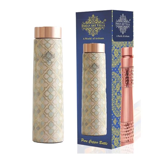 Image of INDIAN ART VILLA Copper Gold Print Copper Bottle, Copper Drinkware, 800 ML, Gold Printed White