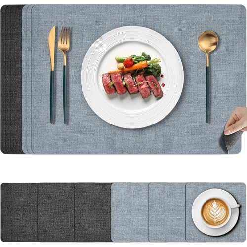Gucass Set of 6 Washable Place Mats and Coasters, Washable Leather Placemats, Double-Sided Heat Resistant, Placemat Non-Slip for Restaurant Kitchen Dining Table, 45 x 30 cm (Grey + Blue)