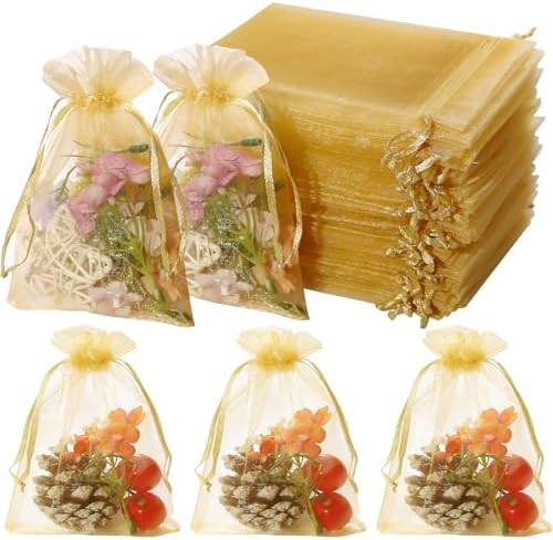 Hopttreely Sheer Organza Gift Bags, 4×4.72 Pouches Candy Jewelry Wedding Party Favor Present Bags Wrapping Supplies… (Gold)