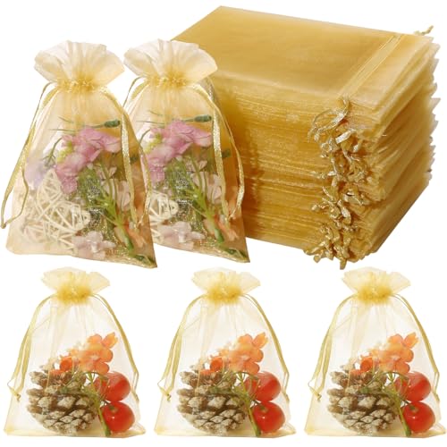 Image of Hopttreely 100pcs Organza Bags, Gold 4''x4.72''(10x12cm) Satin Drawstring Organza Pouch Wedding Party Favor Gift Bag Jewelry Watch Bags