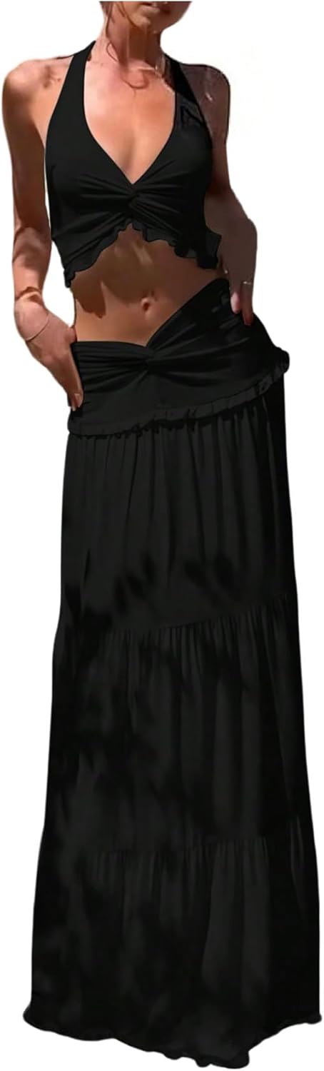 SOLY HUX Women's 2 Piece Vacation Outfit Backless Halter Crop Top and Tiered Ruffle Maxi Skirt Set