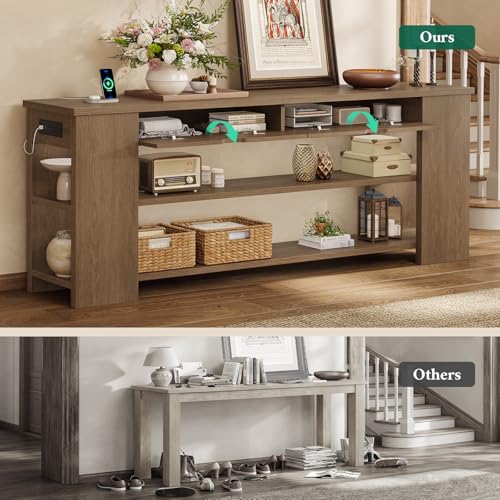Image of 71.8 Inch Extra Long Console Table with Drawers, Farmhouse Long Console Table with Shelves & Built-in Outlets, Entryway Table with Storage for Living Room, Entryway, Hallway, Brown