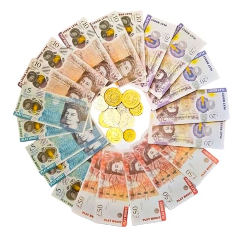 Play Money Notes and Coins For Kids - UK Pounds Realistic Pretend Money Coins For Children | Fake Notes Currency Toy Banknotes | Kids Role Shop Till Bank Cash Post Office Set - School Teach Numeracy
