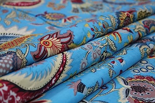 Image of Indian Hand-Block Printed Jaipuri Mukut Floral Print Ethnic Sanganer Kurti Print Cotton Fabric (3 Yards, Tourquoise Mukut)