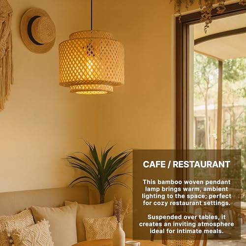 Image of Habere India-All the Cultures Fabricating India Bamboo Pendant Lamp | Boho Lampshade | Cane Lamp Shade | Bamboo Hanging Lamps (Diameter 30 CM, Height 30 CM)